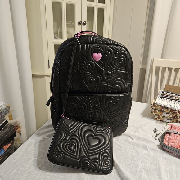 Luv Betsey By Betsey Johnson  Black Backpack with Pink Heart  18x11 1/2 X 6 New - Picture 1 of 6